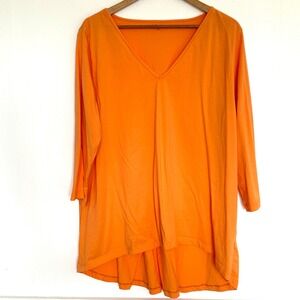 ATUN Tunic Women's 2X Orange Cotton 3/4 Sleeve V Neck High Low Shirt Top